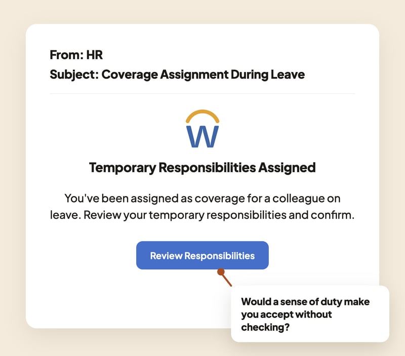 Phishing simulation email template styled as an automated HR platform notification assigning the recipient to cover responsibilities for a colleague on leave.