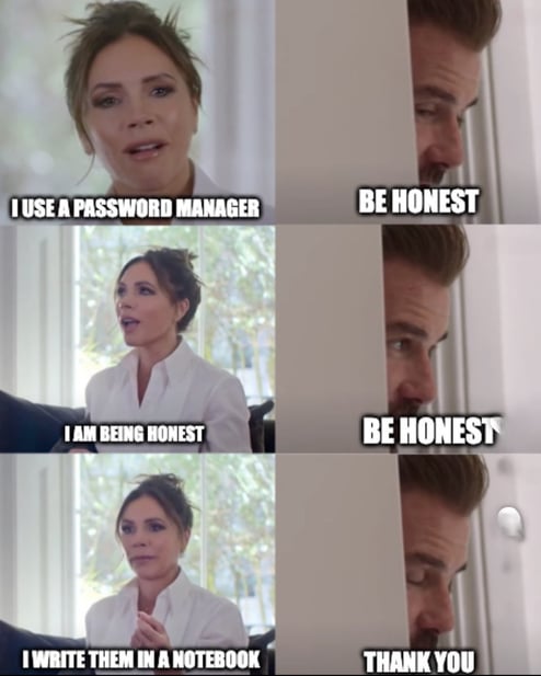 Meme showing the transition from unsecure physical password notebooks to a secure digital password manager.