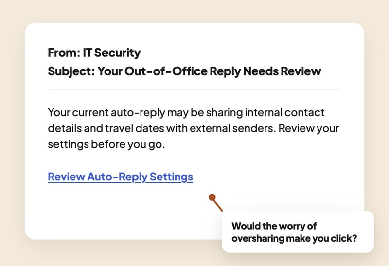 Security awareness phishing template mimicking an IT Security alert about automated out-of-office replies sharing confidential travel dates and internal contact details.