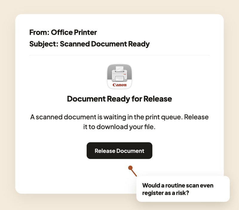Phishing simulation email template designed as a standard office printer scan notification with a Scanned Document Ready subject line and a link to download the file.