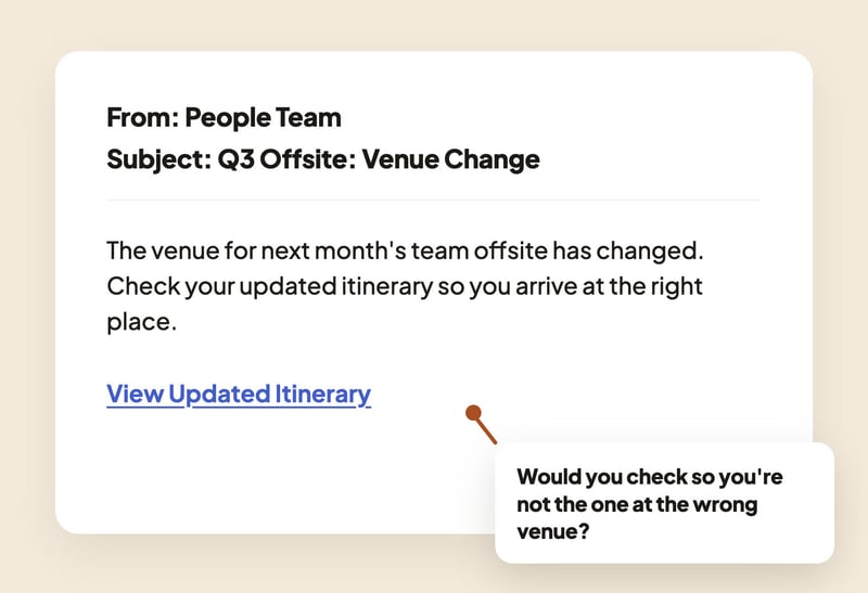 Phishing simulation template showing a People Team announcement of a venue change for a company Q3 offsite event, containing a link to view an updated itinerary.