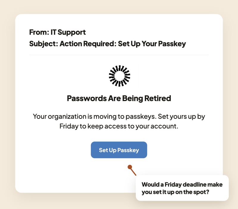 Phishing simulation email template from IT Support with the subject line Action Required: Set Up Your Passkey, prompting the user to click a blue button to enroll in passwordless authentication due to password retirement.
